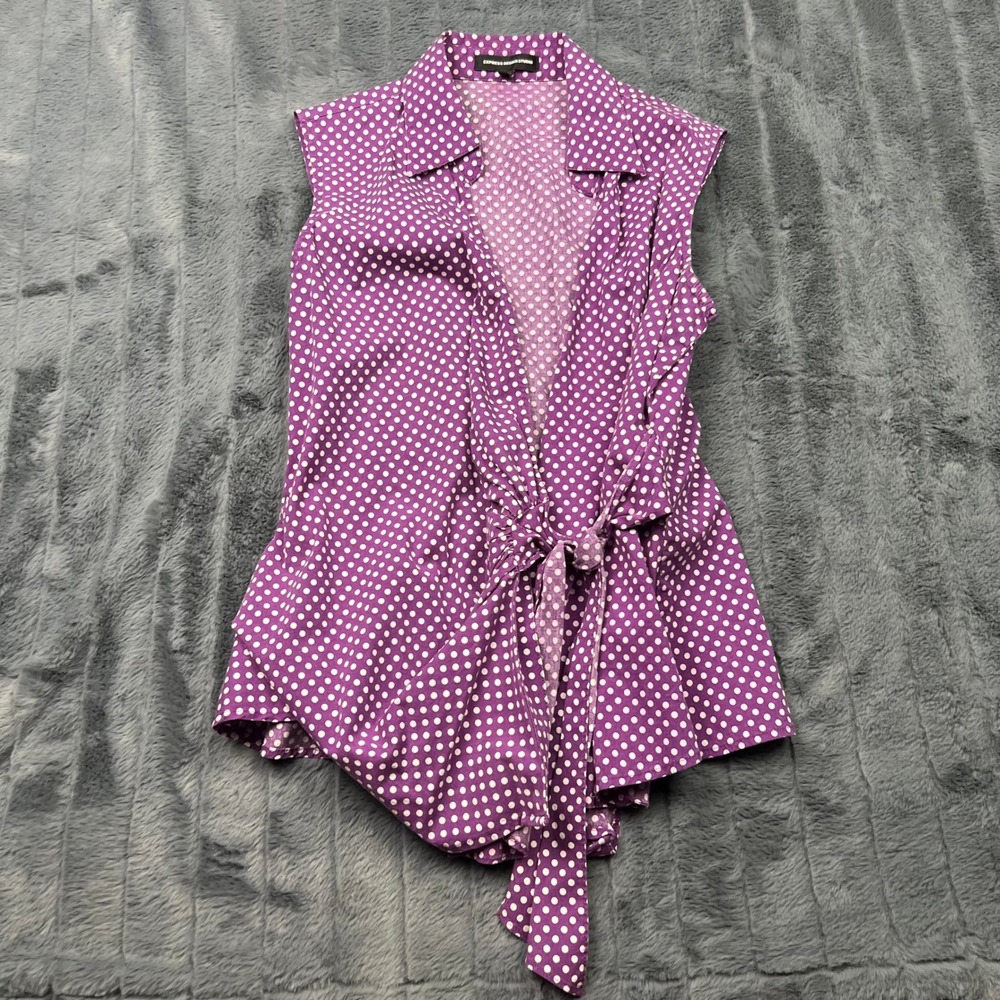 Express Design Studio Purple Polka Dot Sleeveless Tie Waist Wrap Blouse Large